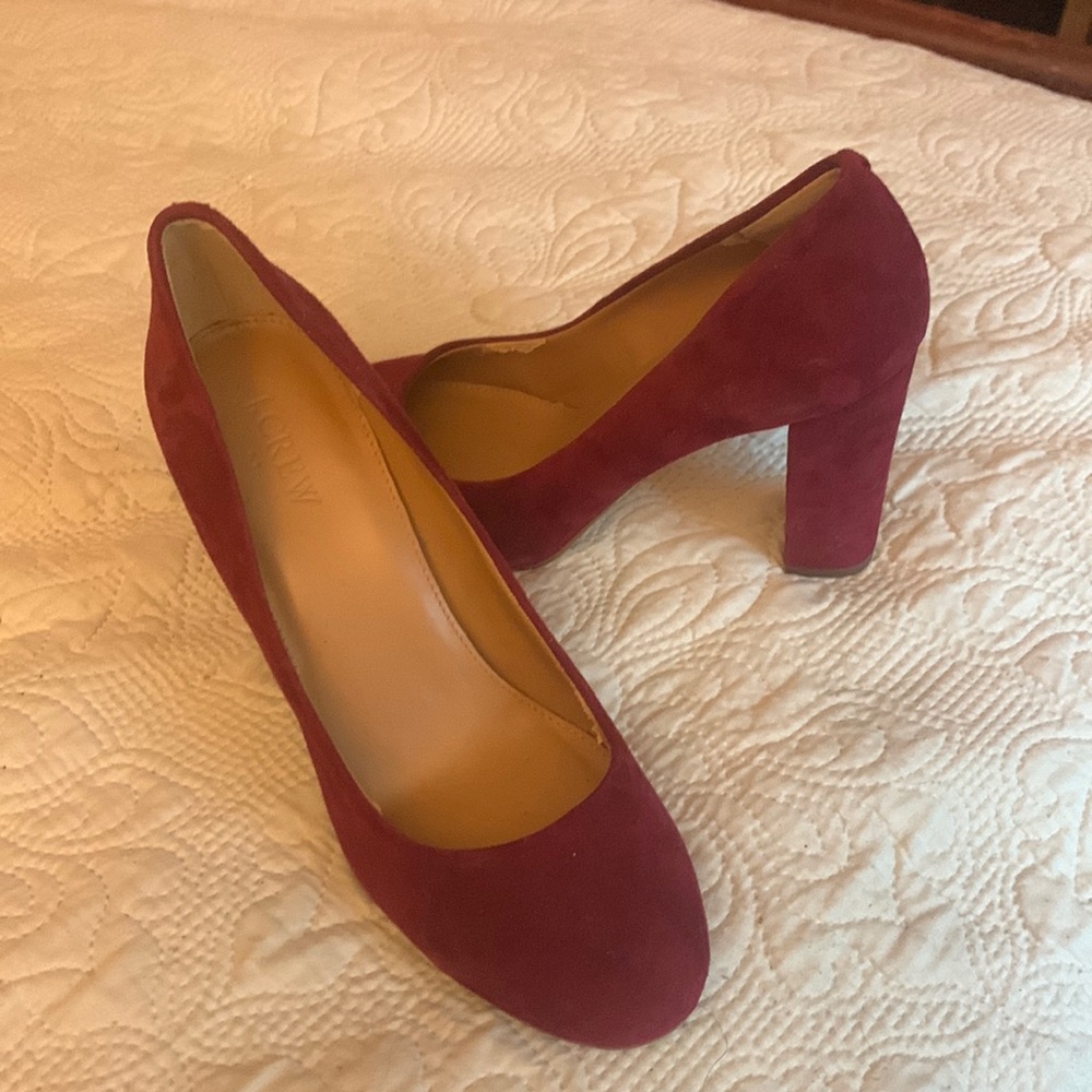 J Crew burgundy suede heels.